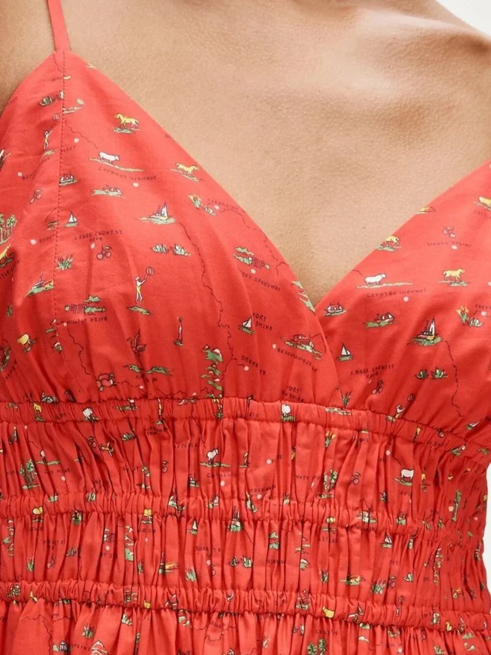 J. Crew Smocked-Waist V-Neck Dress in Red California Poppy Map Print Size 12